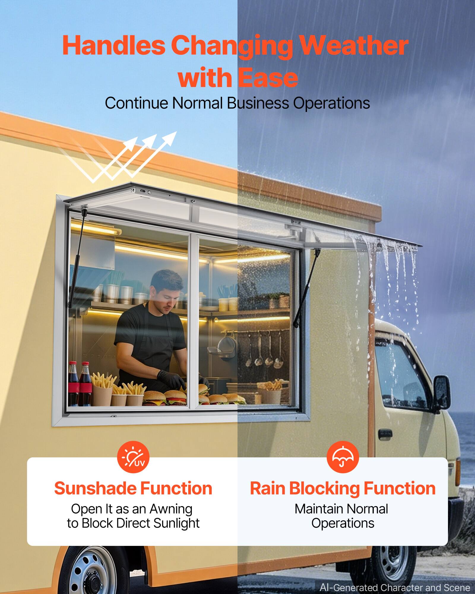 Handles Changing Weather with Ease  
Continue Normal Business Operations  

UV Sunshade Function  
Open It as an Awning to Block Direct Sunlight  

Rain Blocking Function  
Maintain Normal Operations  

AI-Generated Character and Scene