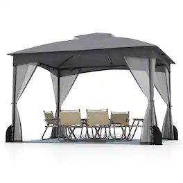 Gymax - 10 x 12 FT Patio Gazebo w/ Netting Walls Soft Top Double Roof Canopy w/ 4 Sandbags - Gray