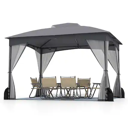 Front. Gymax - Gymax 10 x 12 FT Patio Gazebo w/ Netting Walls Soft Top Double Roof Canopy w/ 4 Sandbags - Grey.