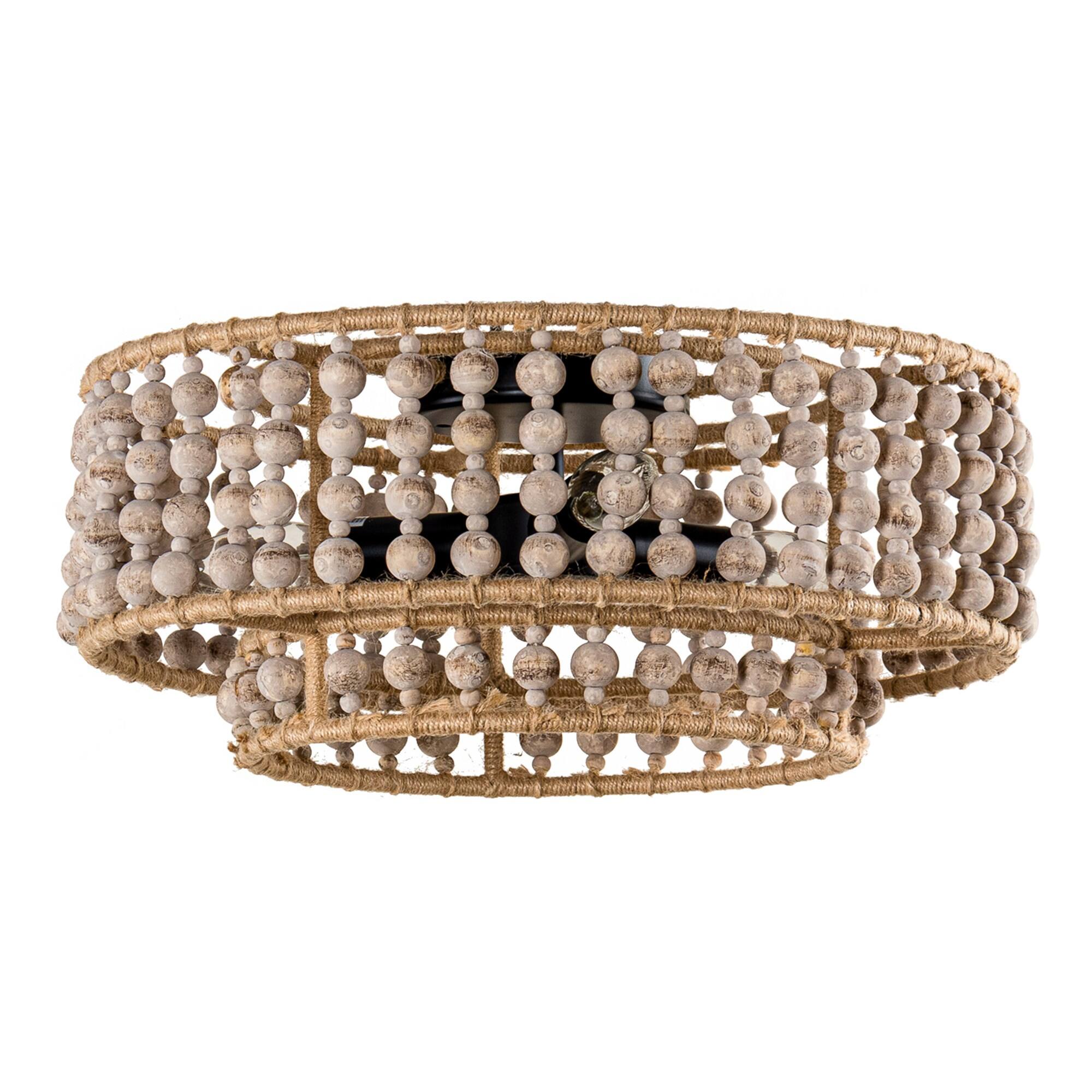 Back. Parrot Uncle - Boho 3-Light Drum Wood Beaded Flush Mount Ceiling Light - Wood.