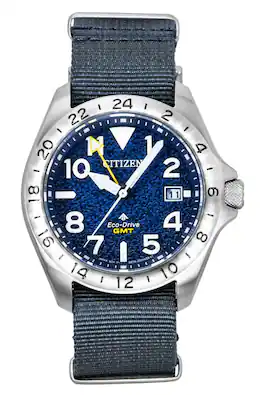 Citizen - Promaster Land GMT Analog Grey Nylon Strap Dial Eco-Drive Diver's BJ7150-09L 200M Men's Watch - Navy Blue