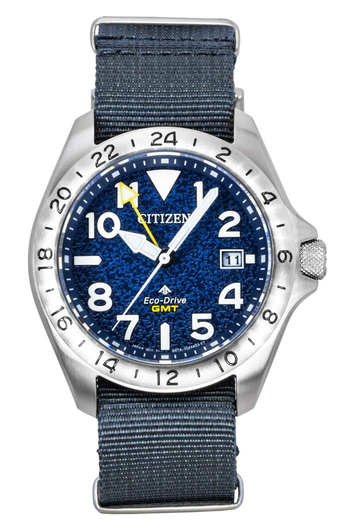 Citizen - Promaster Land GMT Analog Grey Nylon Strap Dial Eco-Drive Diver's BJ7150-09L 200M Men's Watch - Navy Blue