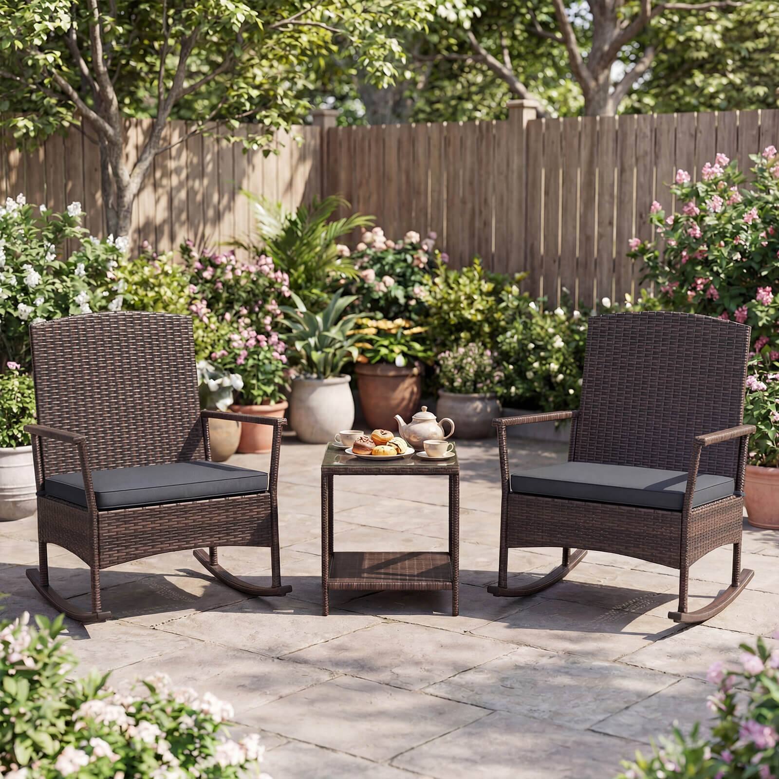 Alt View 4. Costway - Costway 3 Piece Patio Rocking Bistro Set, 2 Rattan Armchairs with 2-Tier Side Table - Mix Brown + Gray.