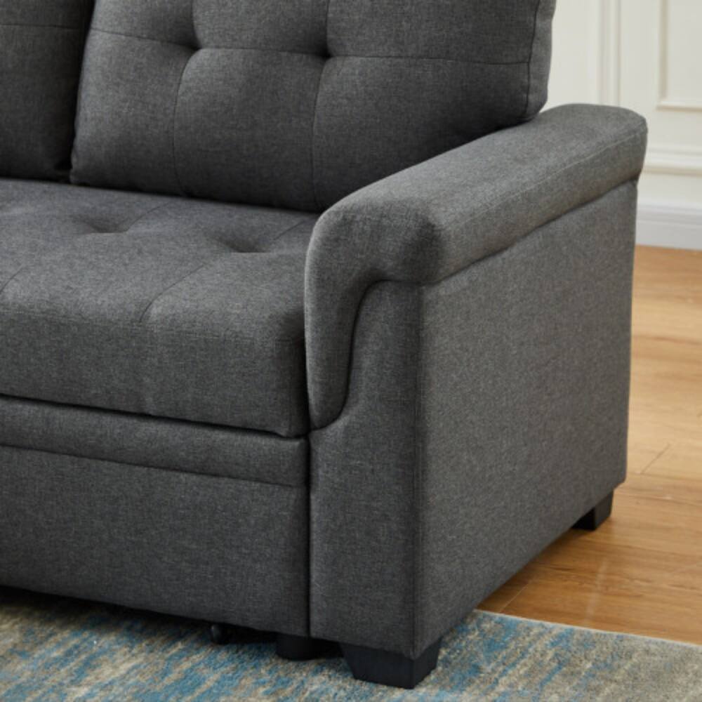 Alt View 2. LUCKY ONE - 84" Dark Gray Linen Reversible Sleeper Sectional Sofa with Storage Chaise, Pull-Out Bed, Tufted Cushions - Dark Gray.