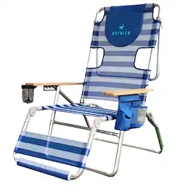 Ostrich - Altitude 3N1 High Back Outdoor Beach Lounge Chair with Footrest, Stripe - Blue/White Stripe