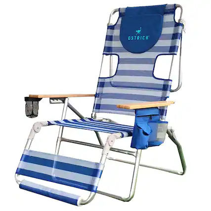 Front. Ostrich - Ostrich Altitude 3N1 High Back Outdoor Beach Lounge Chair with Footrest, Stripe - Blue/White Stripe.