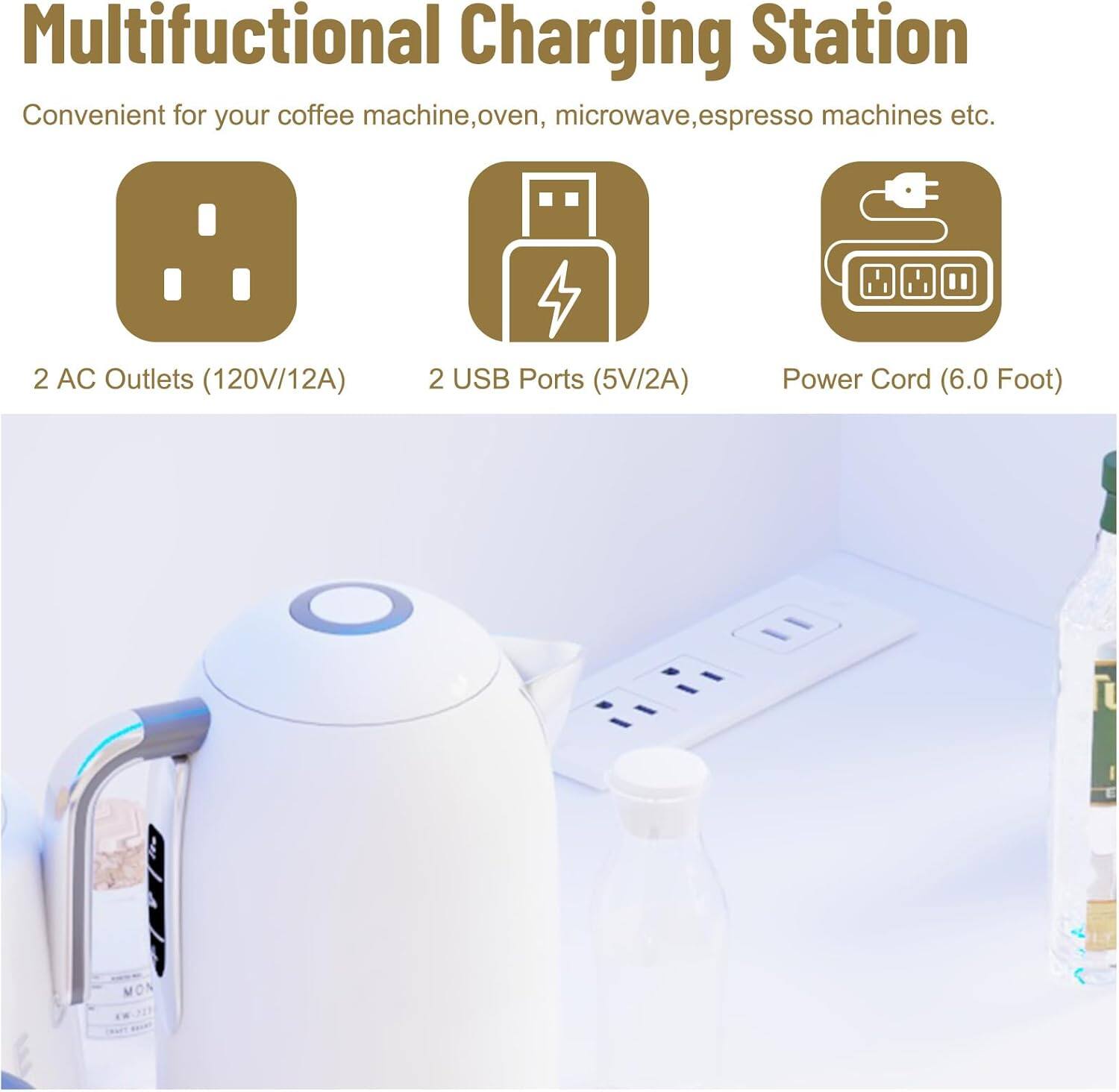 Multifunctional Charging Station  
Convenient for your coffee machine, oven, microwave, espresso machines etc.  
2 AC Outlets (120V/12A)  
2 USB Ports (5V/2A)  
Power Cord (6.0 Foot)