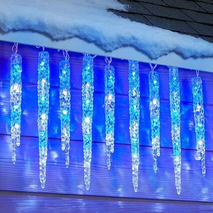 Front. RTMB - Outdoor Icicle Lights with Clips, 20-foot, 100 LED, 20-tube, Twinkling - Blue and White 20 tubes.