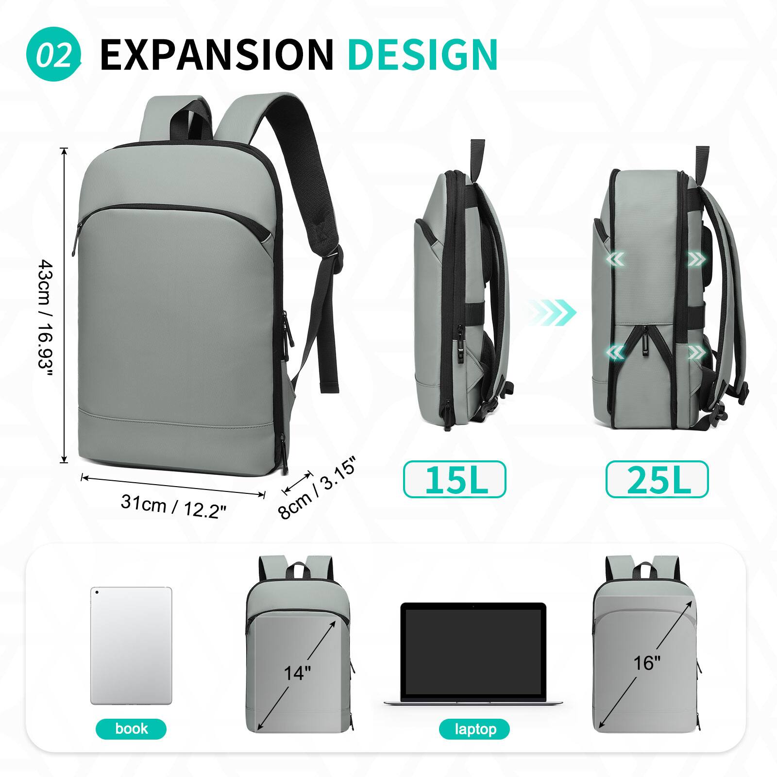 02 EXPANSION DESIGN

- Height: 43cm / 16.93"
- Width: 31cm / 12.2"
- Depth: 8cm / 3.15"

Sizes:
- 15L
- 25L

Fits:
- Book: 14"
- Laptop: 16"