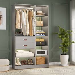 Aheaplus - Freestanding Closet System, 40'' Heavy Duty Closet Organizer with 2 Drawers, Hanging Rod & 10 Shelves - Gray