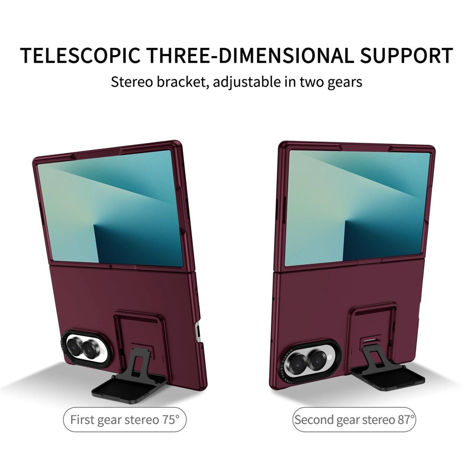 TELESCOPIC THREE-DIMENSIONAL SUPPORT  
Stereo bracket, adjustable in two gears

First gear stereo 75°  
Second gear stereo 87°