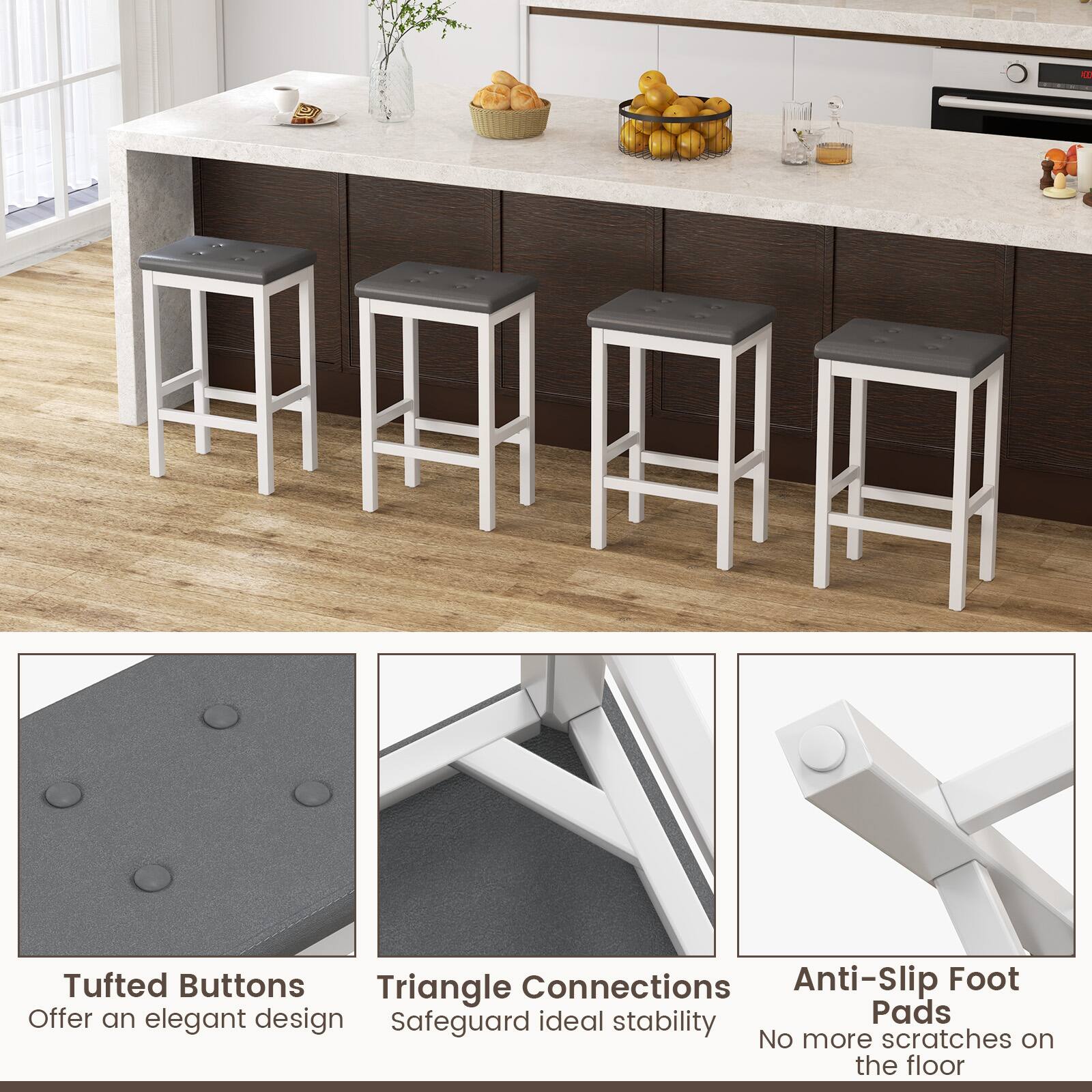 - Tufted Buttons: Offer an elegant design
- Triangle Connections: Safeguard ideal stability
- Anti-Slip Foot Pads: No more scratches on the floor