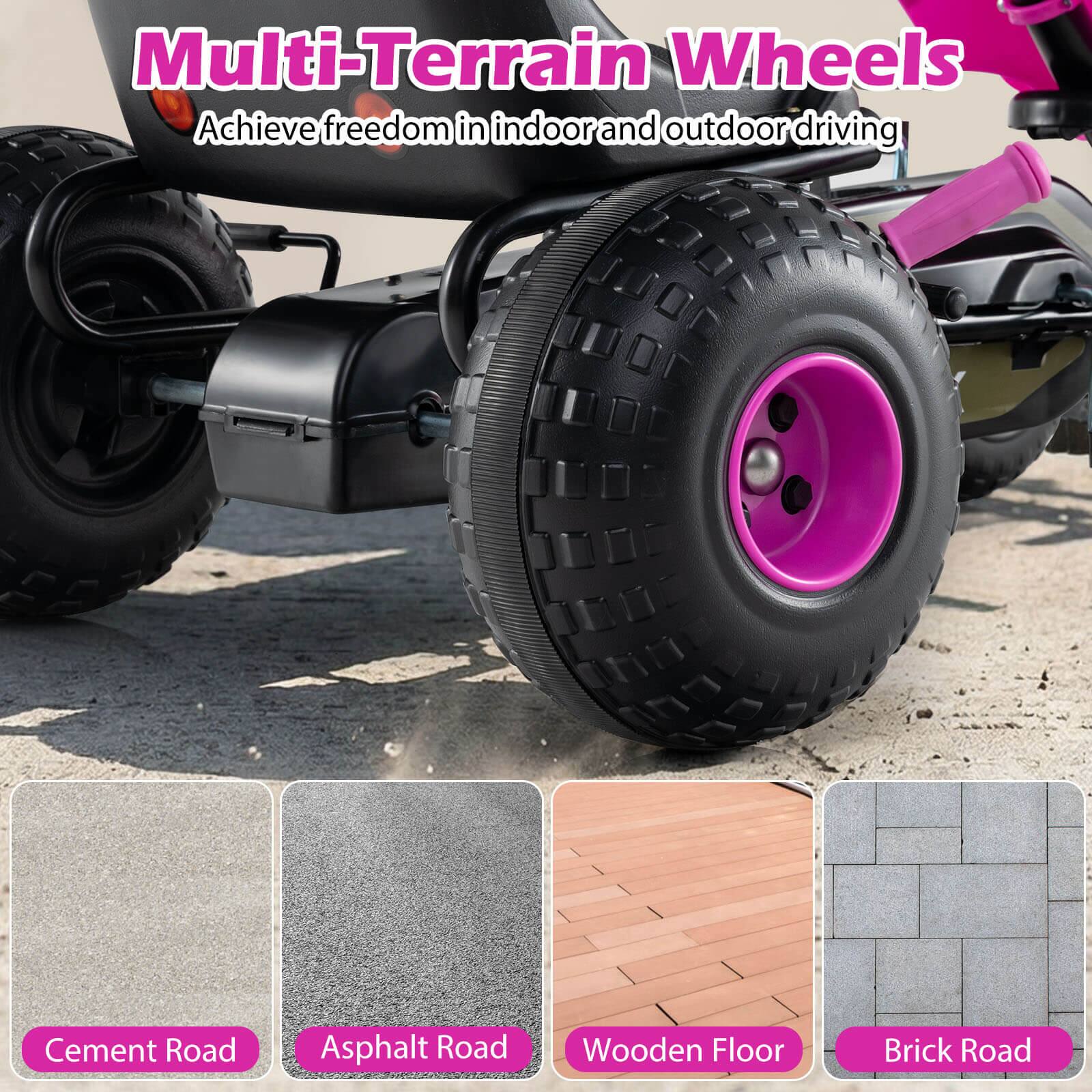 Multi-Terrain Wheels  
Achieve freedom in indoor and outdoor driving  

Cement Road  
Asphalt Road  
Wooden Floor  
Brick Road