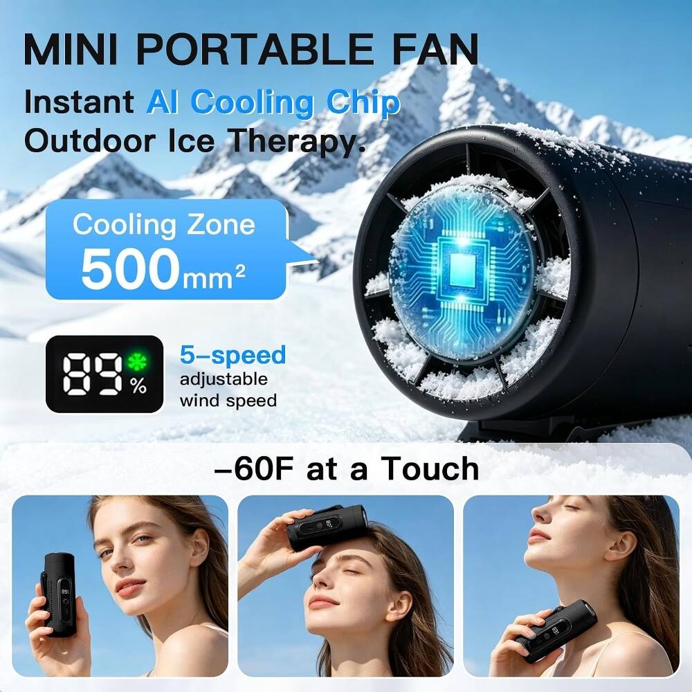 MINI PORTABLE FAN  
Instant AI Cooling Chip Outdoor Ice Therapy:  
Cooling Zone 500mm²  
5-speed adjustable wind speed  
89%  
-60F at a Touch