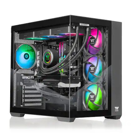 The image features a black computer case with a clear side panel, showcasing the interior of the computer. Inside the case, there are two graphics cards, two fans, and a CPU. The case is equipped with a GeForce RTX 3080 graphics card, which is known for its high performance and advanced features. The fans and other components are arranged in a neat and organized manner, making the computer case visually appealing and functional.
