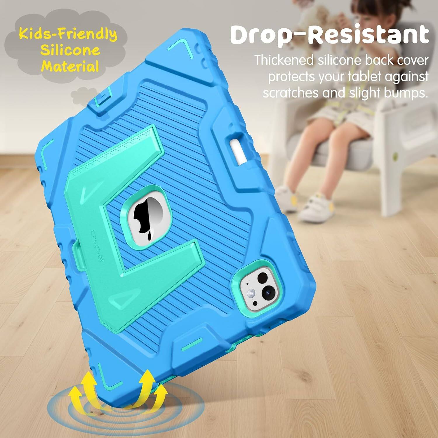 Kids-Friendly Silicone Material

Drop-Resistant

Thickened silicone back cover protects your tablet against scratches and slight bumps.