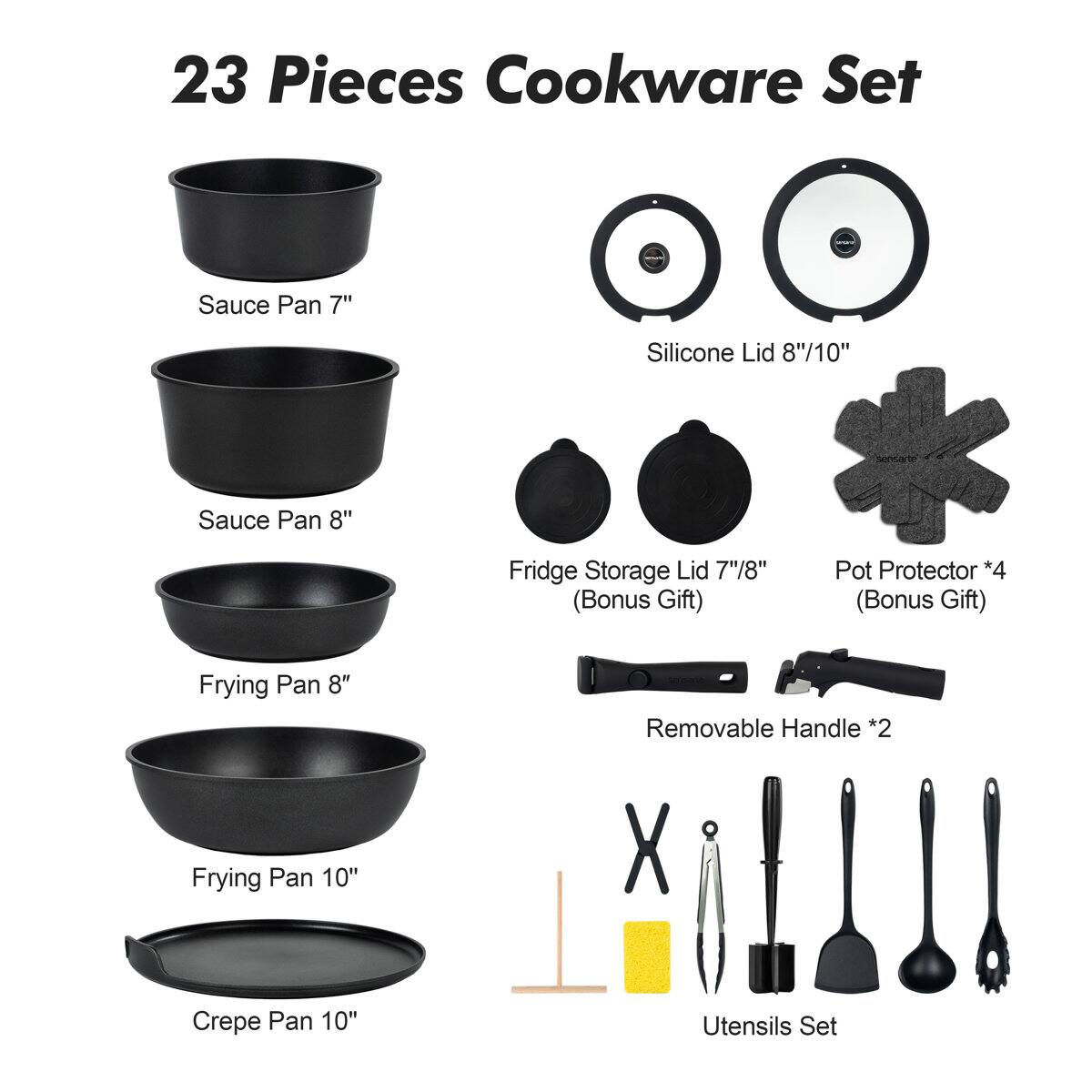 23 Pieces Cookware Set

- Sauce Pan 7"
- Sauce Pan 8"
- Frying Pan 8"
- Frying Pan 10"
- Crepe Pan 10"
- Silicone Lid 8"/10"
- Fridge Storage Lid 7"/8" (Bonus Gift)
- Pot Protector *4 (Bonus Gift)
- Removable Handle *2
- Utensils Set