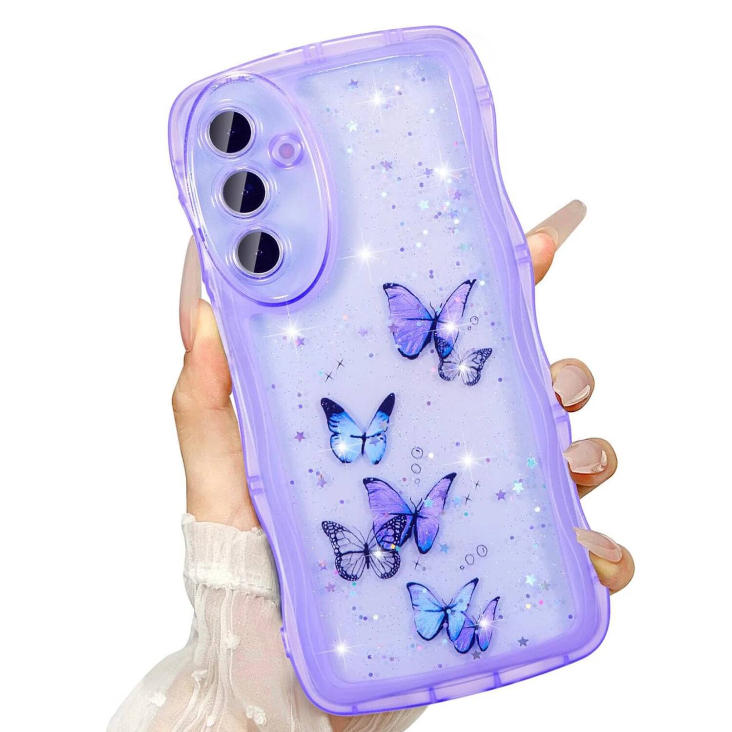 Front. Stock Preferred - Glitter Butterfly Case for Samsung Galaxy A15 - Purple - Purple.