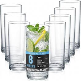 Zulay Kitchen - Acrylic Glasses Drinkware - 8 Piece Unbreakable Plastic Tumblers 16oz - Clear