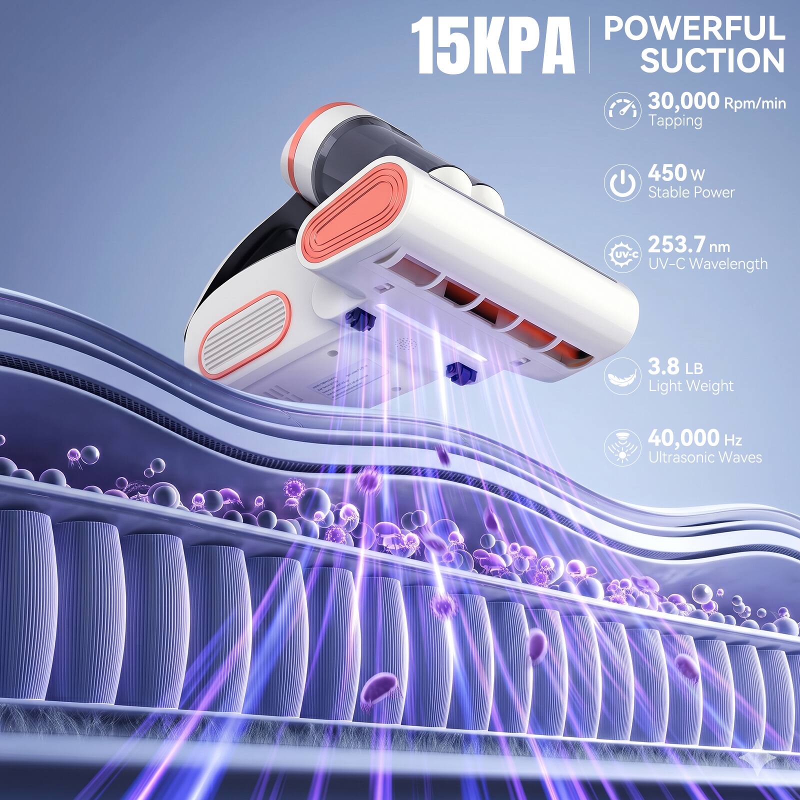 15KPA  
POWERFUL SUCTION  
30,000 Rpm/min Tapping  
450 W Stable Power  
253.7 nm UV-C Wavelength  
3.8 LB Light Weight  
40,000 Hz Ultrasonic Waves
