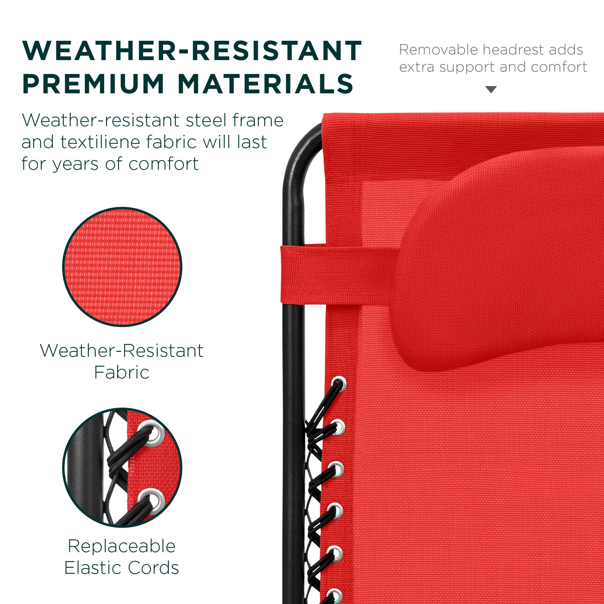 WEATHER-RESISTANT PREMIUM MATERIALS

Weather-resistant steel frame and textilene fabric will last for years of comfort

Weather-Resistant Fabric

Replaceable Elastic Cords

Removable headrest adds extra support and comfort