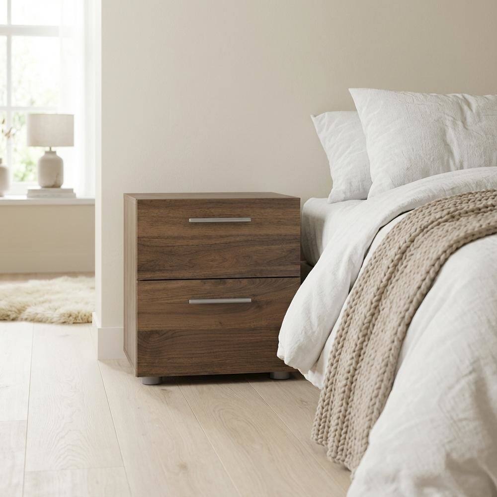 Left. FurniFact - Walnut Nightstand with 2 Drawers and Timeless Style for Bedroom Storage - Brown.