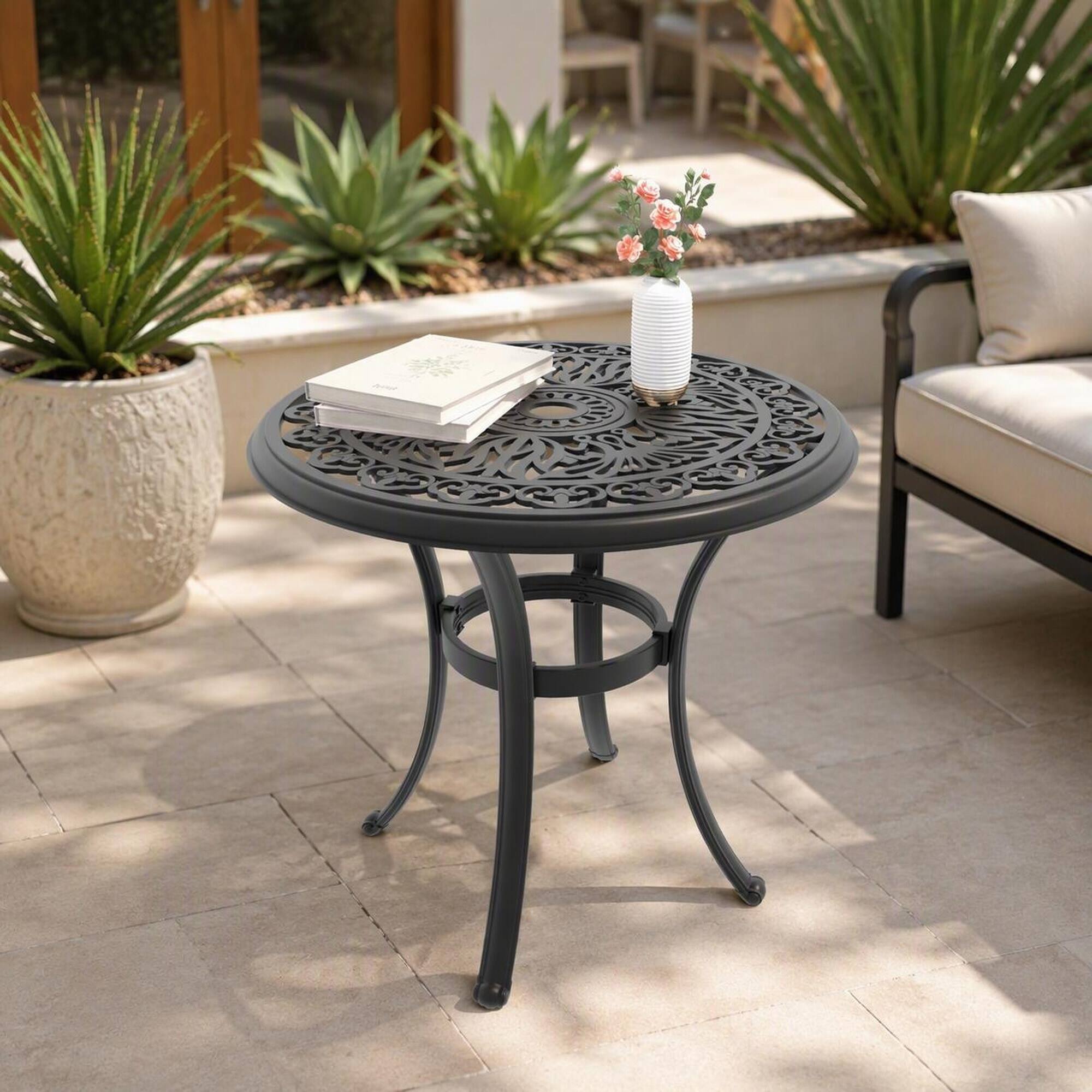 Left. RYHNUYNE - 26.77" Round Cast Aluminum Patio Dining Table with Umbrella Hole for Garden Deck Balcony - Black.