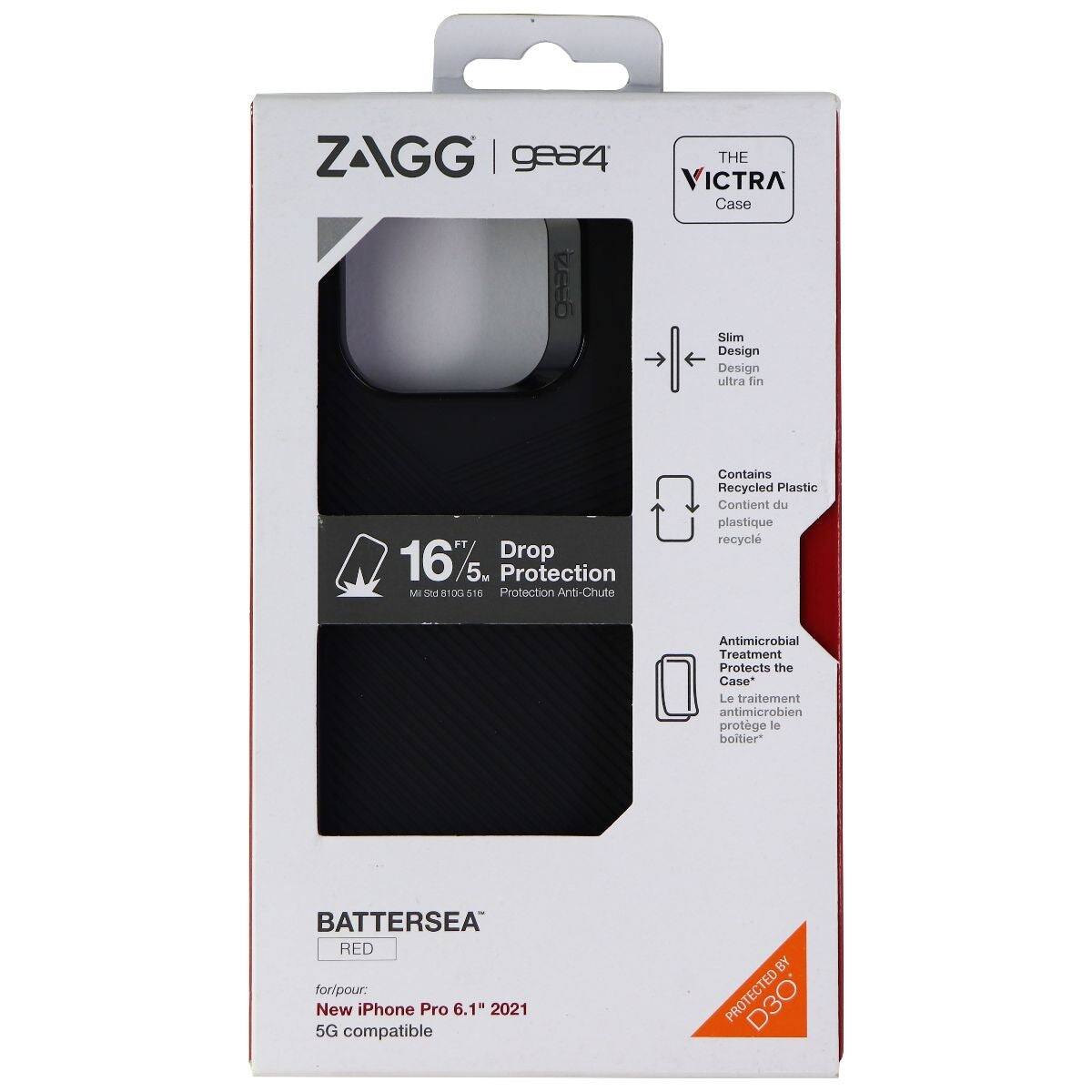 ZAGG | gea4 tzee6 THE VICTRA Case Slim Design Design ultra fin 16% Drop 5M Protection M and 1OL8 516 Protection Anti-Chute Contains Recycled Plastic Contient du plastique recycle Antimicrobial Treatment Protects the Case Le traitement antimicrobien protège le boîtier* BATTERSEA RED for/pour: New iPhone Pro 6.1" 2021 5G compatible BY PROTECTED
