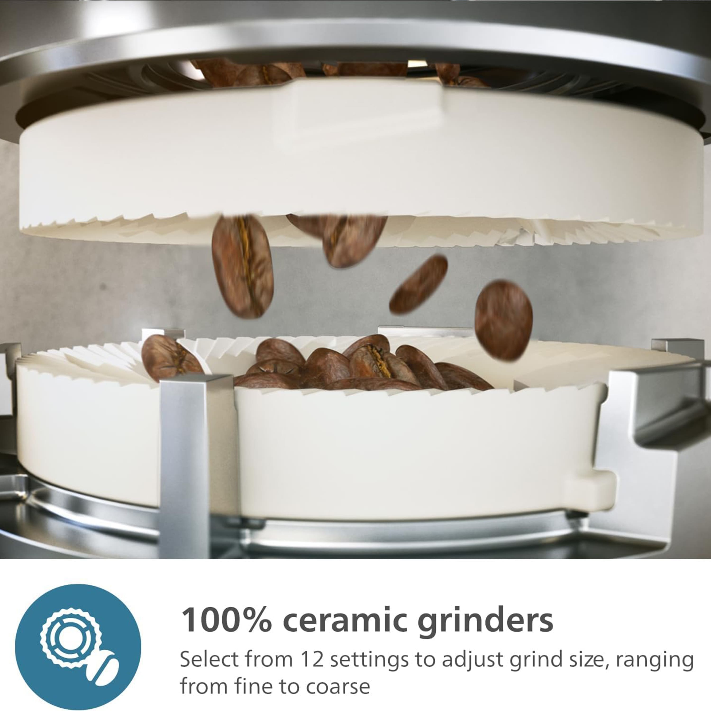 100% Ceramic Grinders: Select from 12 settings to adjust grind size, ranging from fine to coarse.