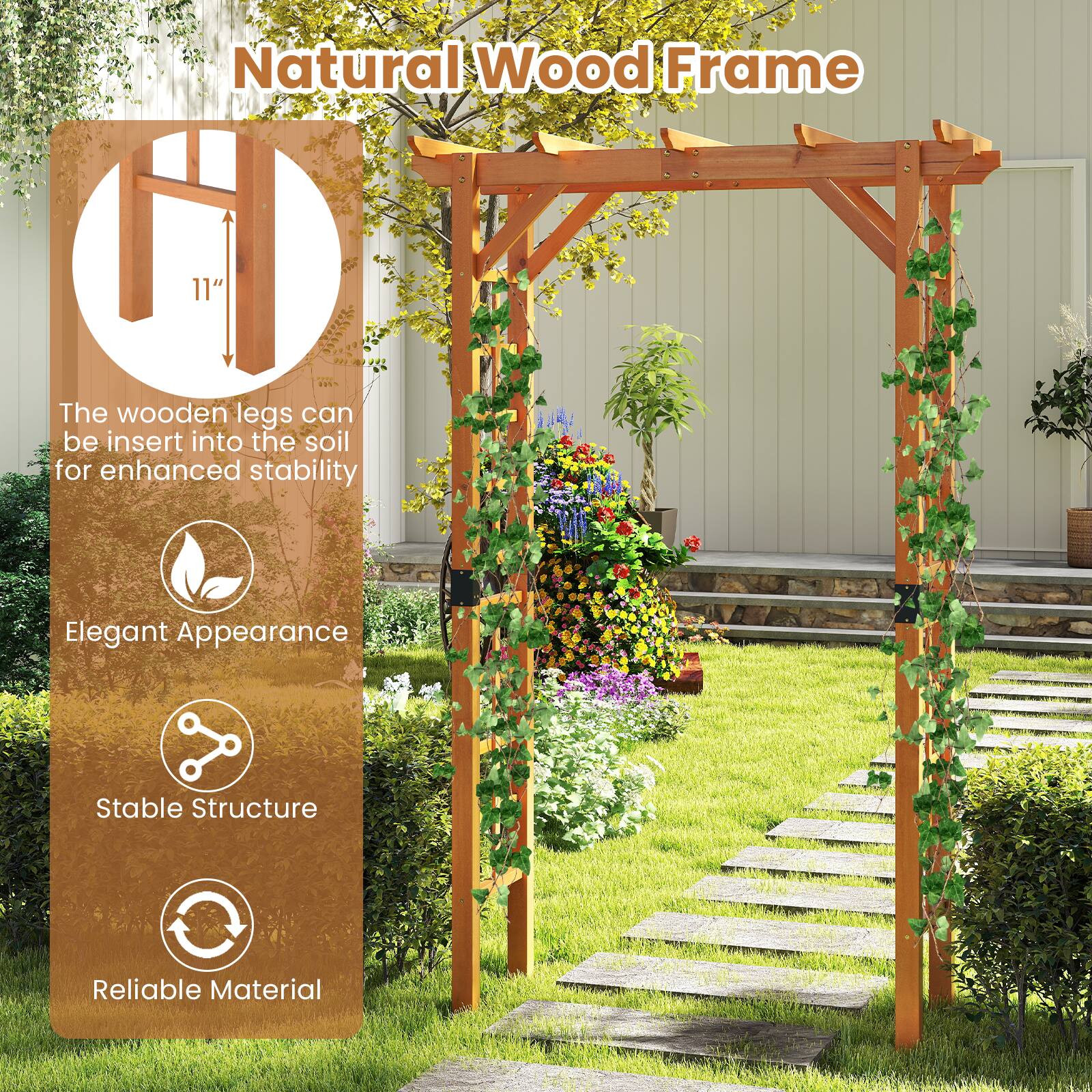 Natural Wood Frame 11"  
The wooden legs can be inserted into the soil for enhanced stability  
Elegant Appearance  
Stable Structure  
Reliable Material