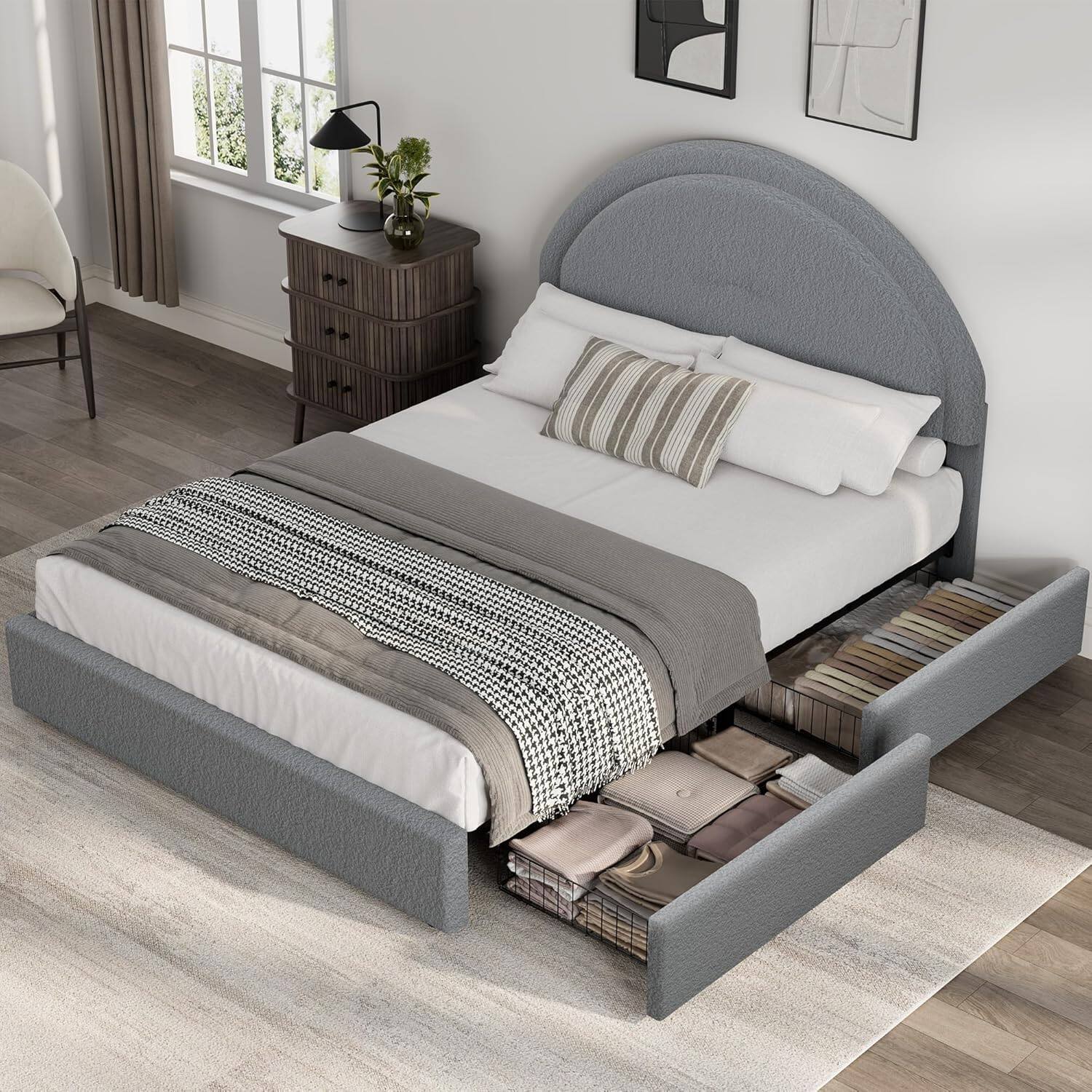 Left. Homhougo - Full Boucle Bed Frame with Storage Drawers, Grey Upholstered Platform Bed with Round Headboard, Heavy-Duty - Grey.