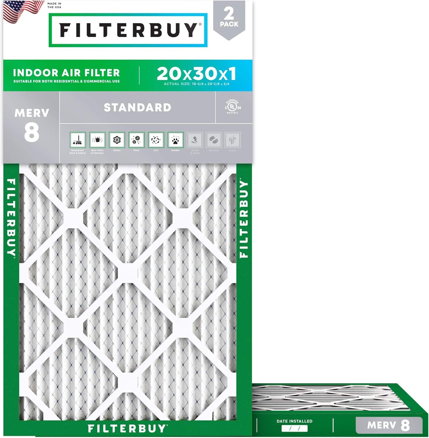 Photos - Air Conditioning Accessory Filterbuy - 20x30x1 MERV 8 Dust & Allergy Defense, Electrostatic Pleated HVAC AC Furnace Air Filters Replacement  (2-Pack)