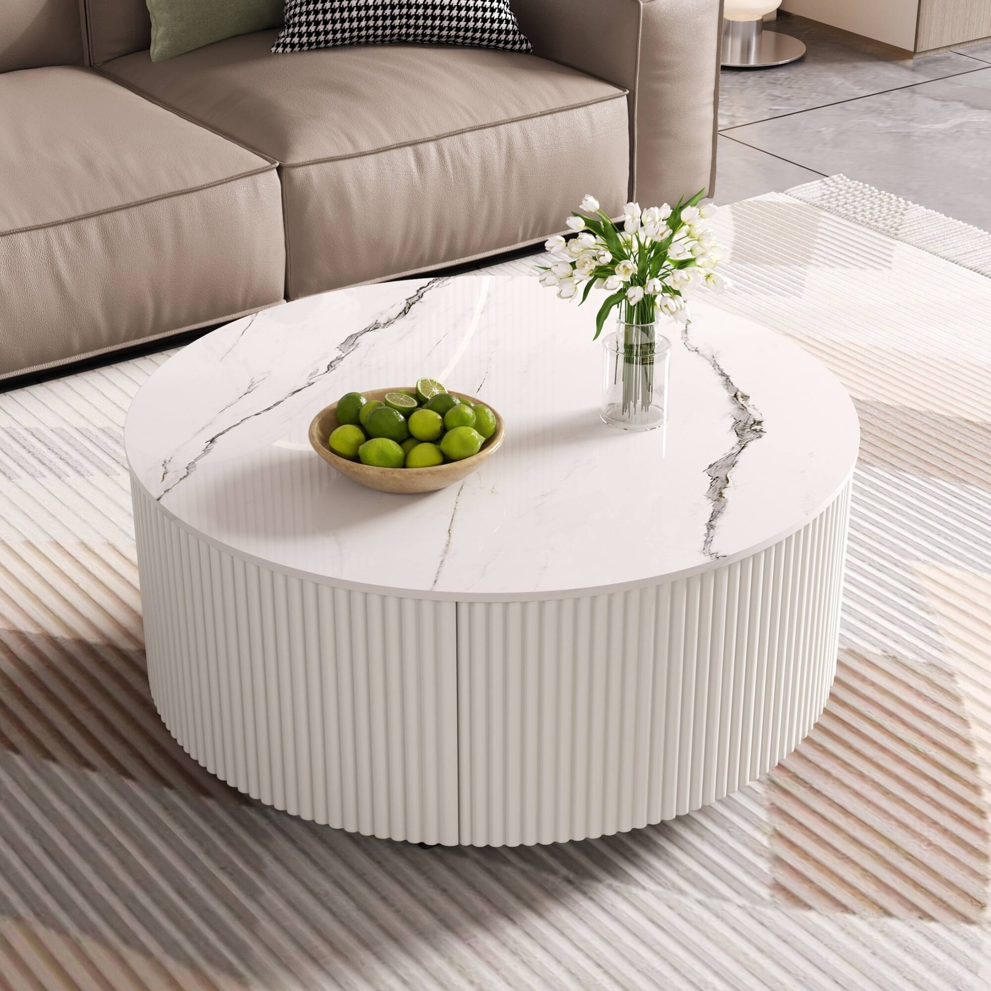 Back. GOODSILO - Modern Round Mobile Coffee Table with Two Drawers and Marble-Pattern Top - White.