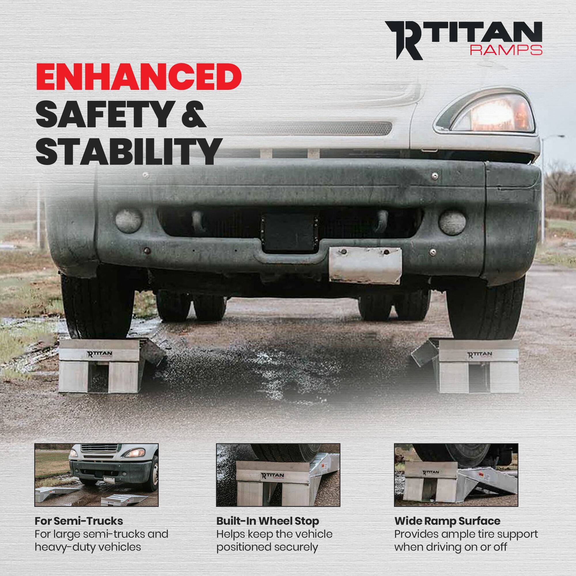 ENHANCED SAFETY & STABILITY

RTITAN RAMPS

For Semi-Trucks
For large semi-trucks and heavy-duty vehicles

Built-In Wheel Stop
Helps keep the vehicle positioned securely

Wide Ramp Surface
Provides ample tire support when driving on or off