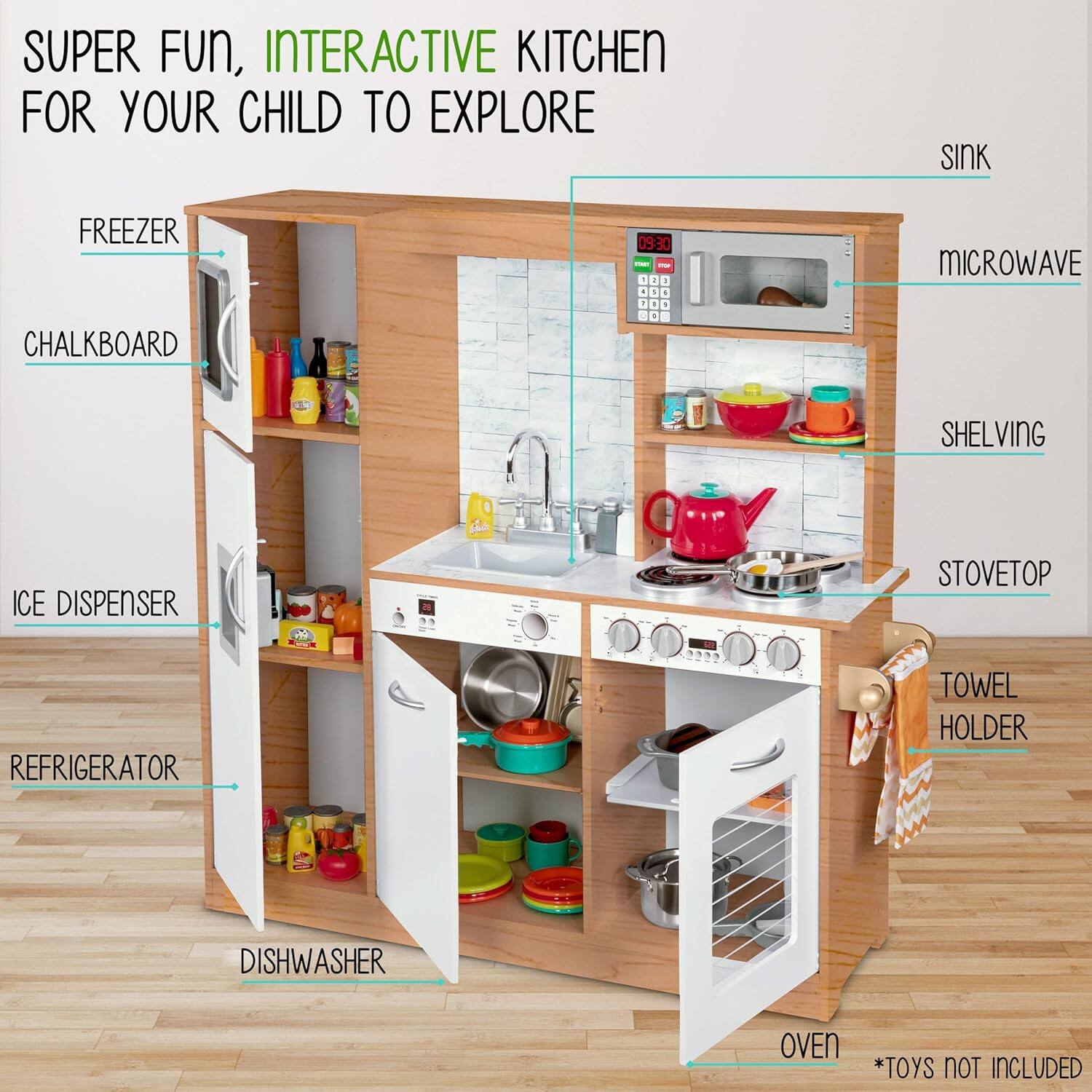SUPER FUN, INTERACTIVE KITCHEN FOR YOUR CHILD TO EXPLORE SINK FREEZER CHALKBOARD MICROWAVE SHELVING ICE DISPENSER STOVETOP REFRIGERATOR TOWEL HOLDER DISHWASHER OVEN *TOYS NOT INCLUDED