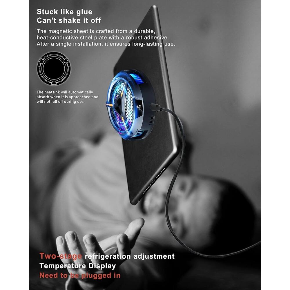 Stuck like glue  
Can't shake it off  

The magnetic sheet is crafted from a durable, heat-conductive steel plate with a robust adhesive. After a single installation, it ensures long-lasting use.  

The heatsink will automatically absorb when it is approached and will not fall off during use.  

Two-stage refrigeration adjustment  
Temperature Display  
Need to be plugged in