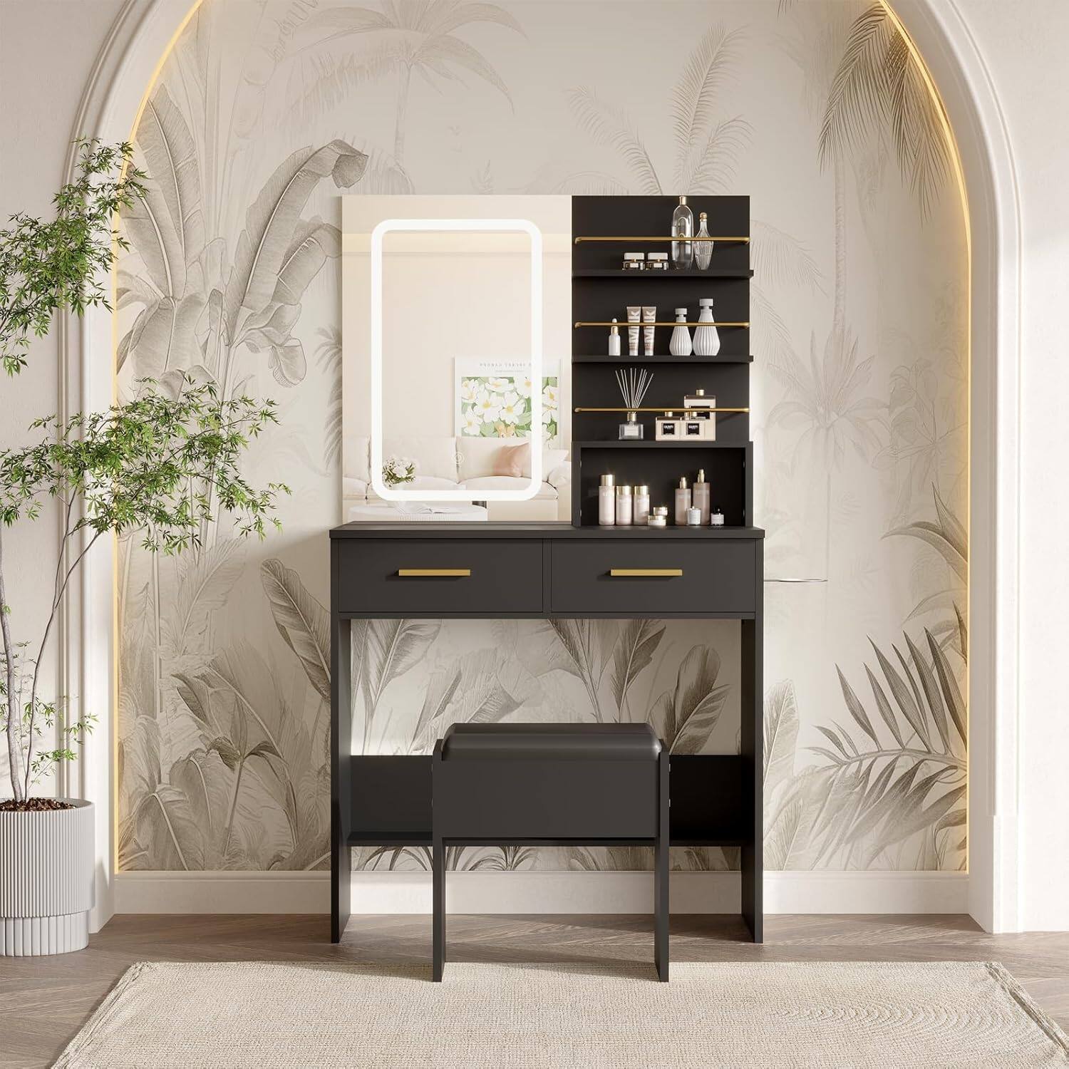 Front. GARVEE - Vanity Desk with Mirror & LED Lights, 2 Drawers, Storage Shelves, Charging Station, Chair, 3 Light Modes, Black - Black.