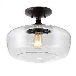 Jonathan Y - Marfa 14" 1-Light Modern Farmhouse Schoolhouse Frosted Glass/Metal LED Semi Flush Mount, Oil Rubbed Bronze - Oil-Rubbed Bronze