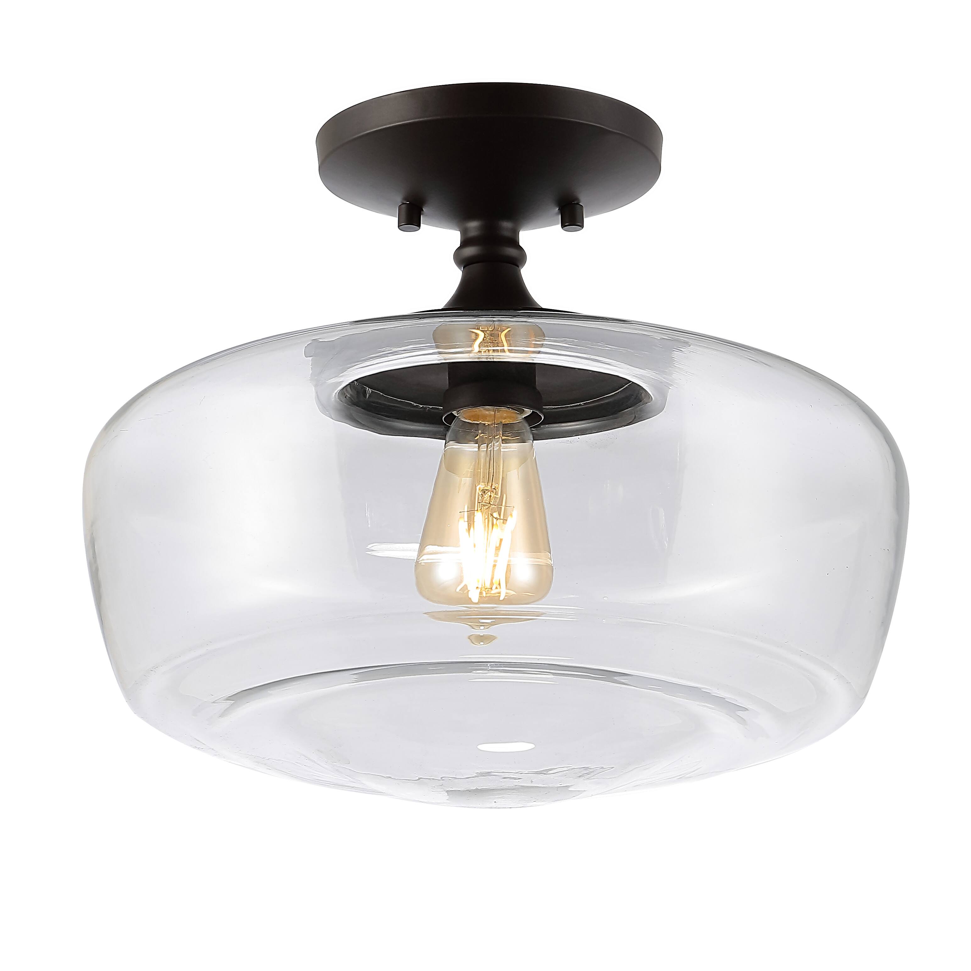 Front. Jonathan Y - Marfa 14" 1-Light Modern Farmhouse Schoolhouse Frosted Glass/Metal LED Semi Flush Mount, Oil Rubbed Bronze - Oil Rubbed Bronze.