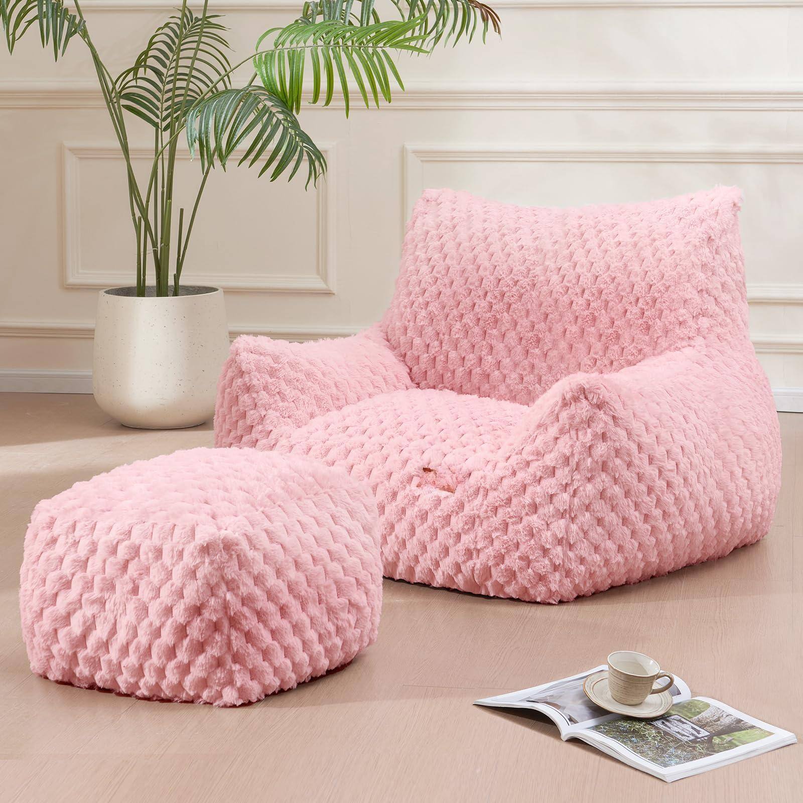 Front. Fabibe - Bean Bag Chair with Ottoman - Modern Comfy Beanbag Sofa with Footrest,  Soft Faux Fur Lounger Chair for Adults Teens,... - Pink Chair+Ottoman.