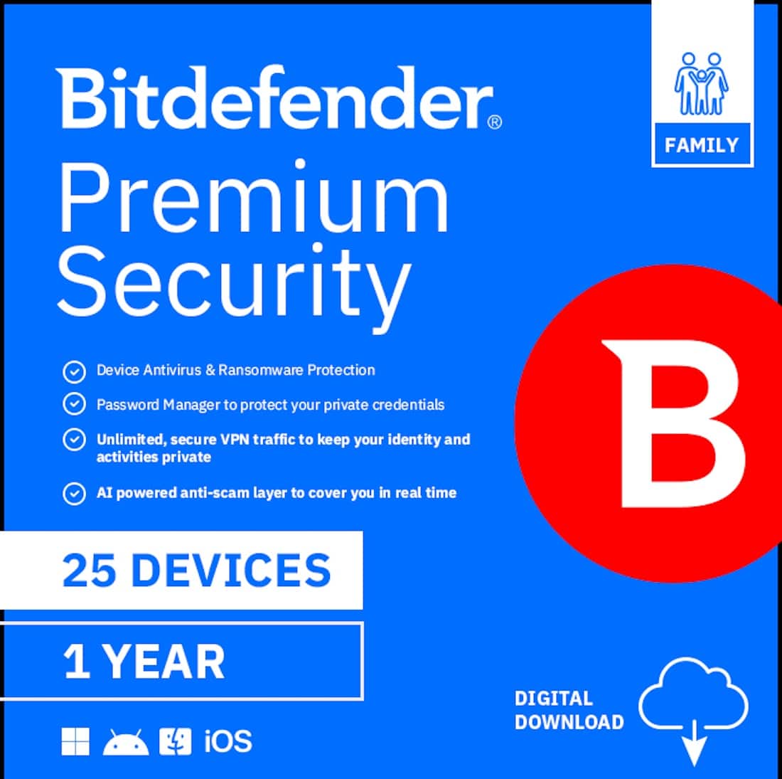 Bitdefender - Premium Security Family 25 Device 1 year - Windows, Apple iOS, Mac OS, Android, Linux [Digital] - Front_Zoom