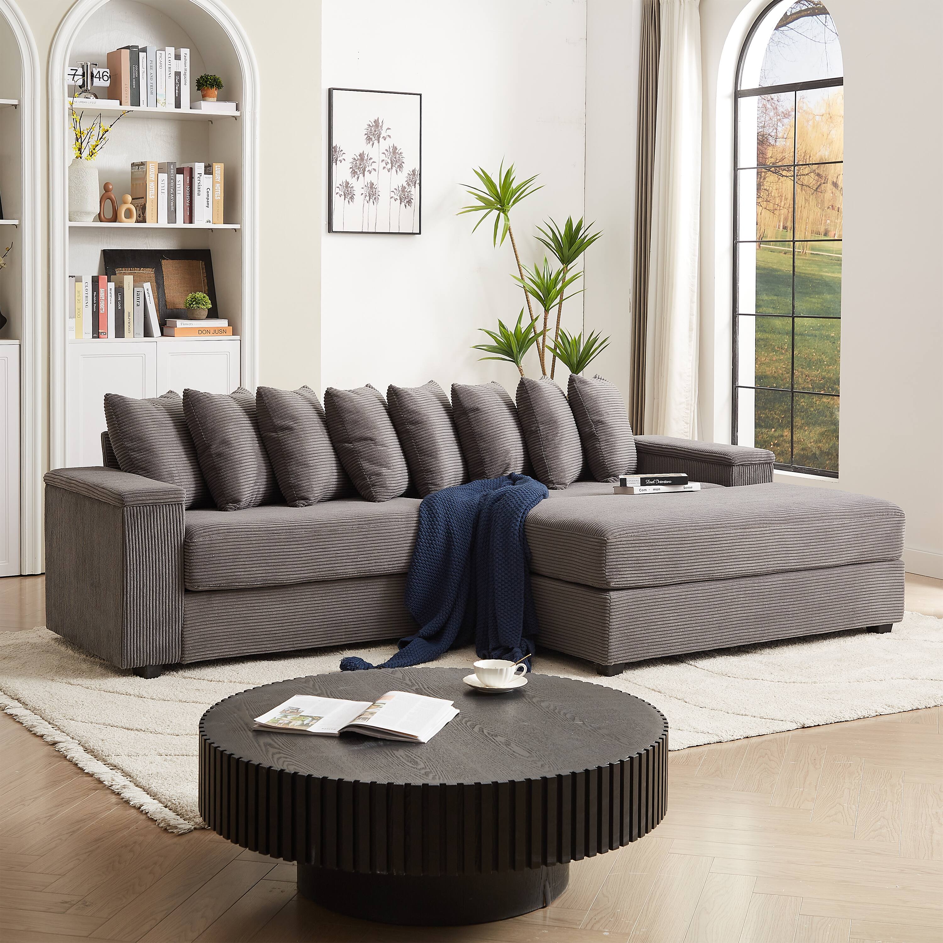 Alt View 2. Tiramisubest - Oversized Corduroy Sofa Bed with Chaise,Comfy L Shaped Sectional Couches with 8 Pillows and Two Armrest storage space - Grey.