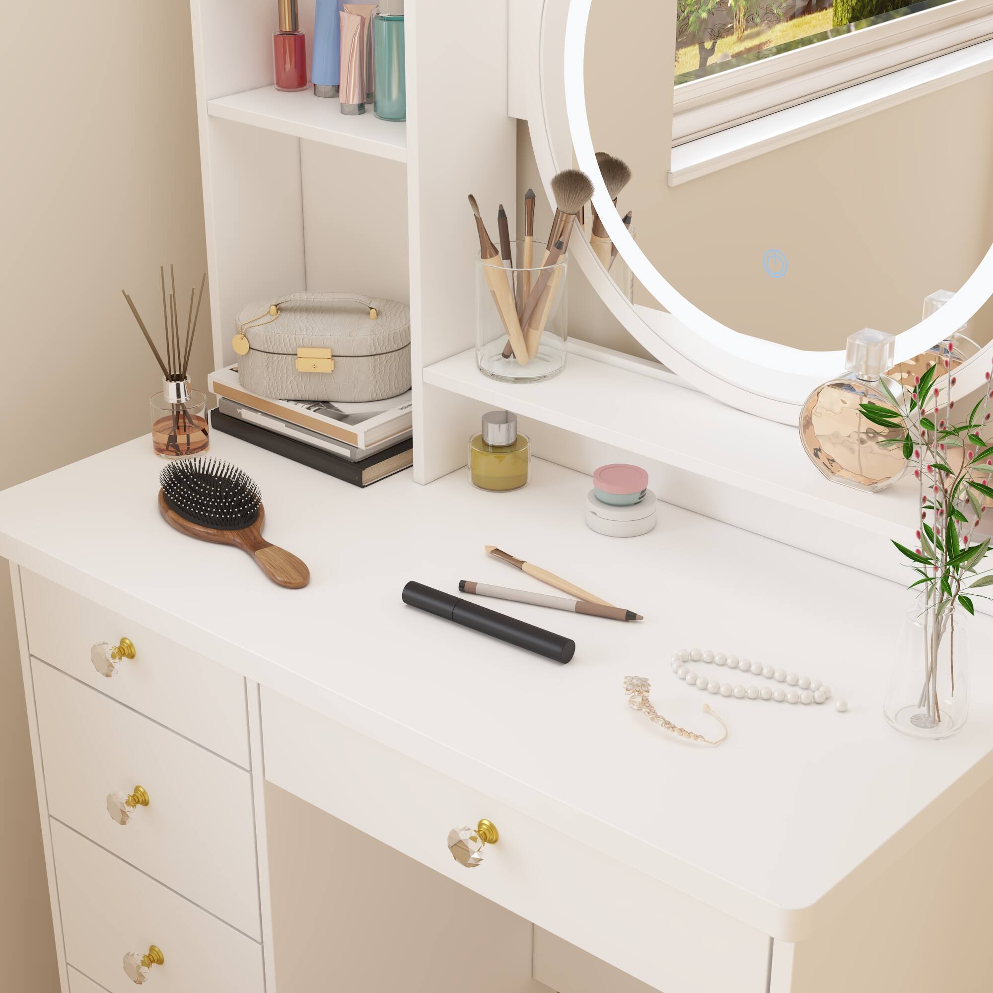 Alt View 4. Famapy - Vanity Desk with 3-Color LED Mirror & Upholstered Stool, Makeup Table with Drawers & Shelves for Bedroom - White.