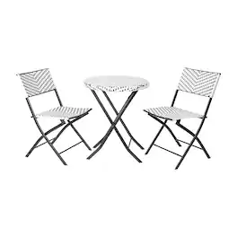 Emma + Oliver - Ciel Three Piece Folding Bistro Set in PE Rattan with Metal Frames for Indoor and Outdoor Use - Black & White