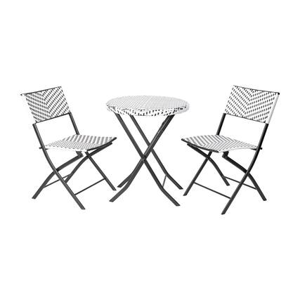 Front. Emma + Oliver - Ciel Three Piece Folding Bistro Set in PE Rattan with Metal Frames for Indoor and Outdoor Use - Black & White.