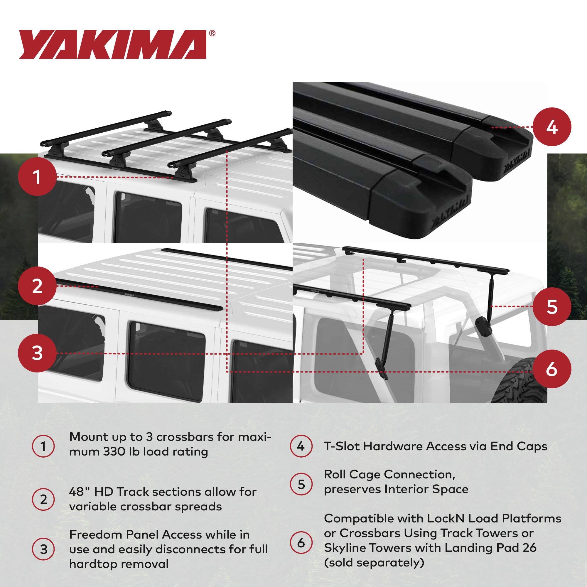 YAKIMA

1. Mount up to 3 crossbars for maximum 330 lb load rating
2. 48" HD Track sections allow for variable crossbar spreads
3. Freedom Panel Access while in use and easily disconnects for full hardtop removal
4. T-Slot Hardware Access via End Caps
5. Roll Cage Connection, preserves Interior Space
6. Compatible with LockN Load Platforms or Crossbars Using Track Towers or Skyline Towers with Landing Pad 26 (sold separately)