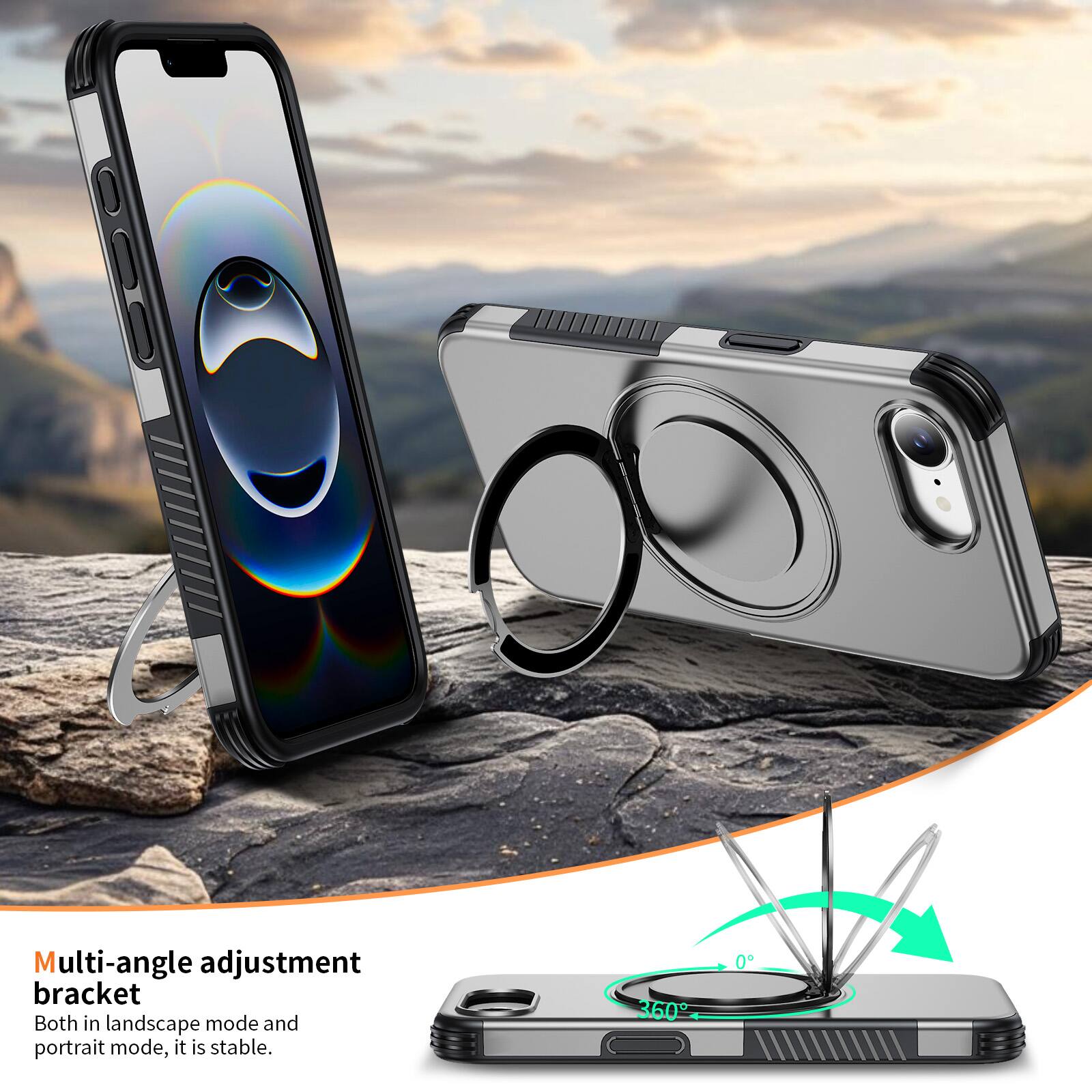 Multi-angle adjustment bracket  
Both in landscape mode and portrait mode, it is stable.  
360°