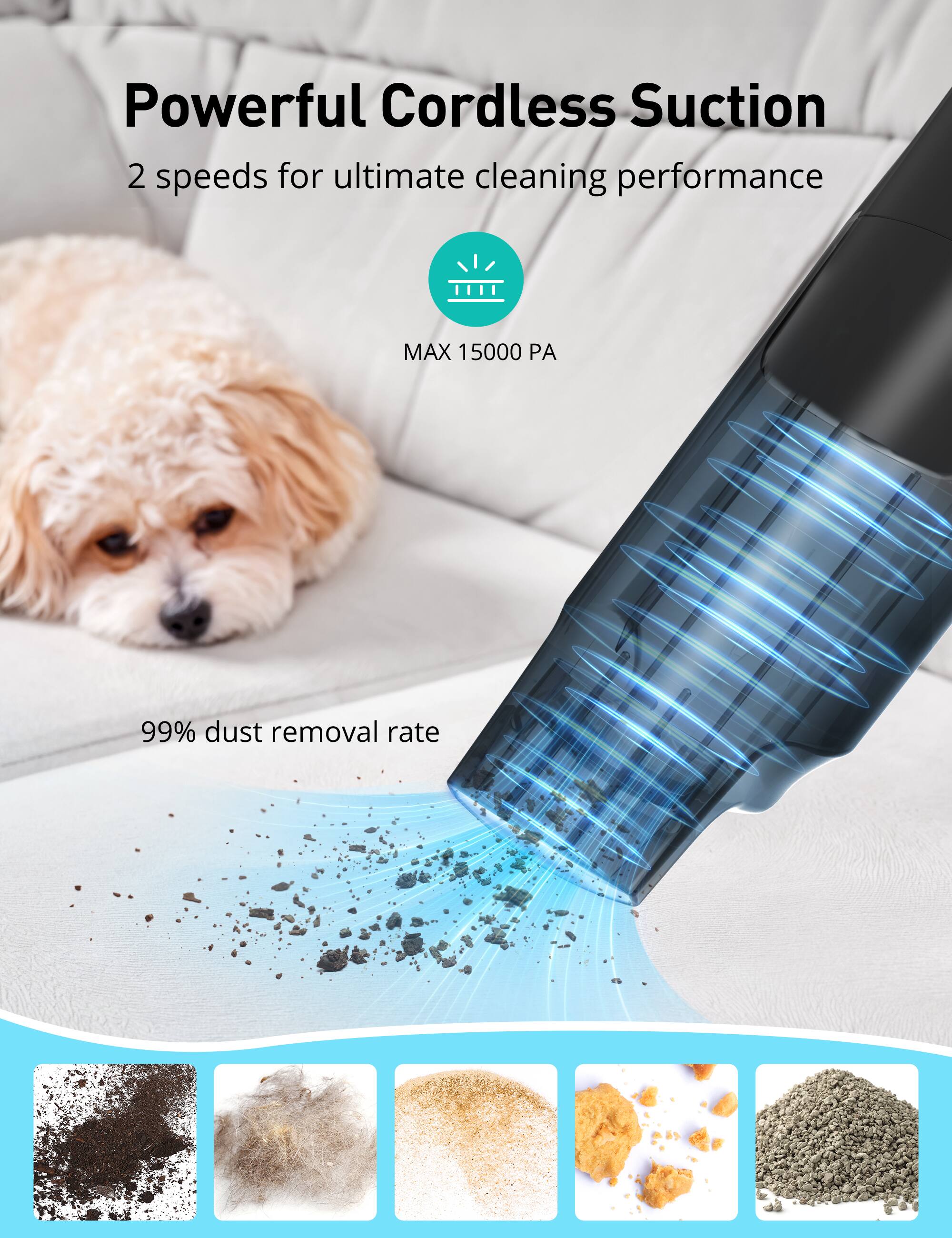 Powerful Cordless Suction  
2 speeds for ultimate cleaning performance  
MAX 15000 PA  
99% dust removal rate