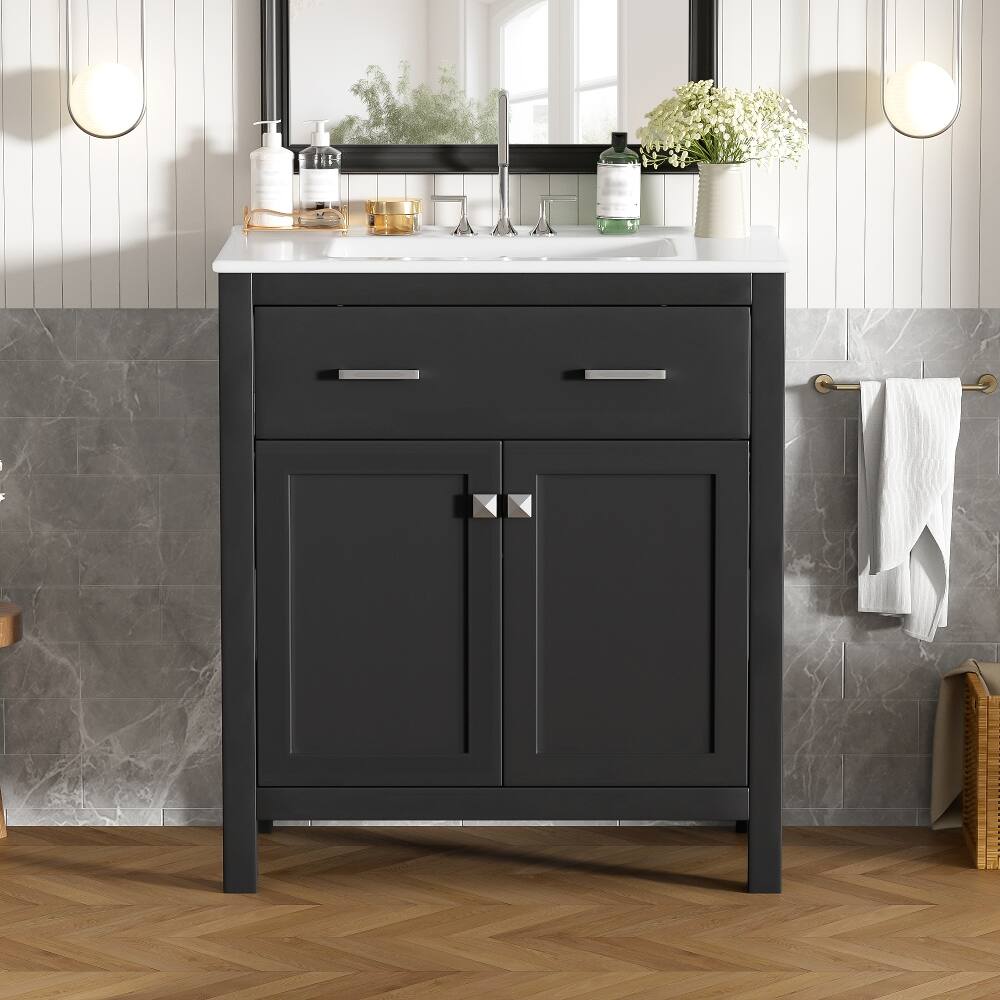 Left. Loheer - Loheer 30 Inch Black Bathroom Vanity with Ceramic Sink, Freestanding Single Sink Vanity with 2 Doors and Flip-Out Drawer - Black.