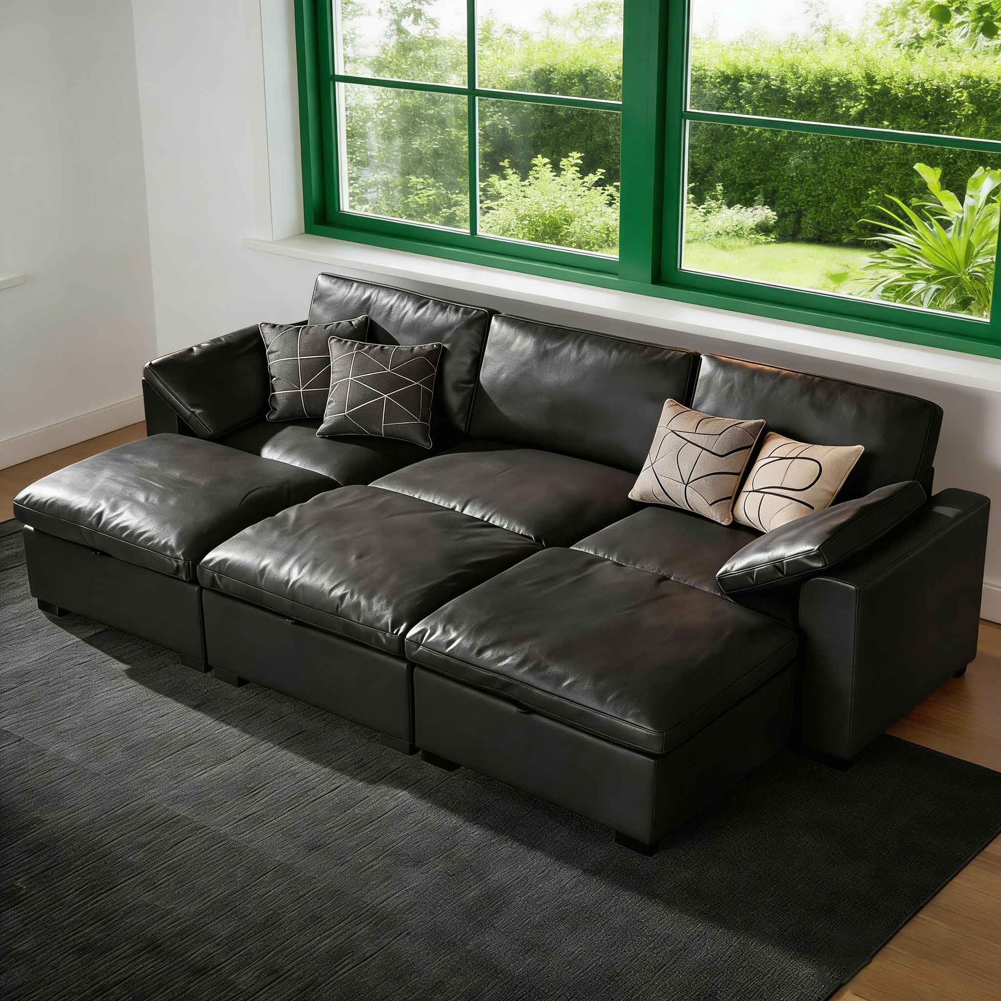 Dyonery - 120" Modular Sectional Sofa, 6 Seat Sleeper Bed with Storage Ottoman , Solid Wood Frame, Faux Leather Black - Black Faux Leather